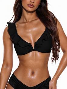 Swim Basics New European And American Style Women Sexy Minimalist Solid Color Ruffle Trim Deep V Back Tie Blouse For Summer Beach Vacation - Black - View 3