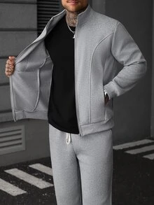 Manfinity Roughcore Setelan Jaket Lengan Panjang Pria dengan Resleting dan Celana Kargo dengan Tali Serut di Pinggang - Grey - View 8