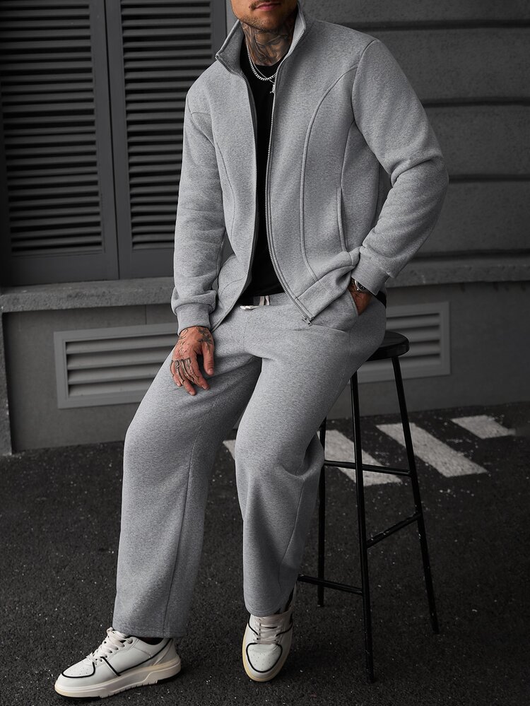 SLATEMANN Men's Zip-Up Long Sleeve Jacket And Drawstring Waist Cargo Pants Set - Grey - View 7