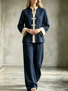 Breezaya Women's Colorblock Long Sleeve Top And Pants 2 Pieces Set Brunch Tea Party Navy Blue Summer Minimalist - Navy Blue - View 4