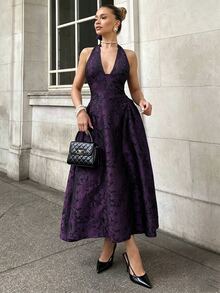 Glamine Charm 復古成熟優雅 3D 壓花花卉 V 領無袖 A 字女款洋裝 派對晚宴 深紫色 - Bold Plum - 查看 5