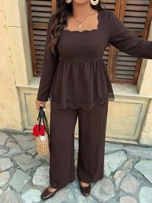 Freevana Square Neck Peplum Top And Wide-Leg Pants Two Pieces Set With Lace Hem, High-Waist Elegant Outfit Fall - Mocha Brown - View 12
