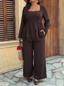Freevana Square Neck Peplum Top And Wide-Leg Pants Two Pieces Set With Lace Hem, High-Waist Elegant Outfit Fall - Mocha Brown - View 10