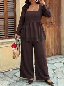 Freevana Square Neck Peplum Top And Wide-Leg Pants Two Pieces Set With Lace Hem, High-Waist Elegant Outfit Fall - Mocha Brown - View 13