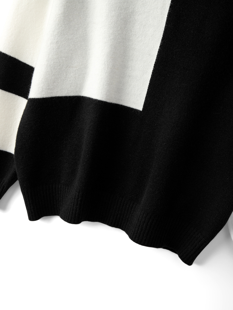 GlowEve CURVE Plus Size Women's Casual Fashion Minimalist Colorblock Versatile Elegant High Neck Pullover Sweater Top And Skirt 2 Pieces Set Fall And Winter - Black and White - View 5