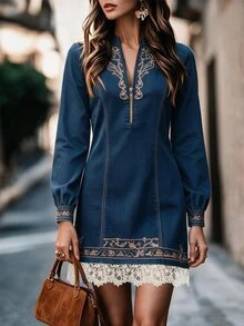 EMERY ROSE Plus Size Women's Elegant Denim Effect Embroidered Positioned Print Round Collar Straight Cut Contrast Color Long Sleeve Dress, Metal Zipper Lace Design, Comfortable Daily Commute, Outing Date Party Outfit Dress - Multicolor - View 3