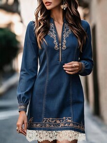 EMERY ROSE Plus Size Women's Elegant Denim Effect Embroidered Positioned Print Round Collar Straight Cut Contrast Color Long Sleeve Dress, Metal Zipper Lace Design, Comfortable Daily Commute, Outing Date Party Outfit Dress - Multicolor - View 4