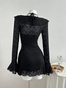 Elamini 2 件套女士秋冬时尚蕾丝花边吊带背心和蕾丝领带腰部 A 字迷你连衣裙套装 - 黑色 - 查看 2