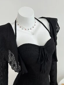 Elamini 2 件套女士秋冬时尚蕾丝花边吊带背心和蕾丝领带腰部 A 字迷你连衣裙套装 - 黑色 - 查看 5