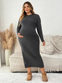 Plussiva Plus Size Striped Round Neck Long Sleeve Back Slit Dress For Pregnant Women Fall - Multicolor - View 6