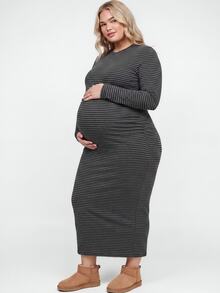 Plussiva Plus Size Striped Round Neck Long Sleeve Back Slit Dress For Pregnant Women Fall - Multicolor - View 3