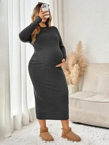 Plussiva Plus Size Striped Round Neck Long Sleeve Back Slit Dress For Pregnant Women Fall - Multicolor - View 5