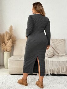 Plussiva Plus Size Striped Round Neck Long Sleeve Back Slit Dress For Pregnant Women Fall - Multicolor - View 4