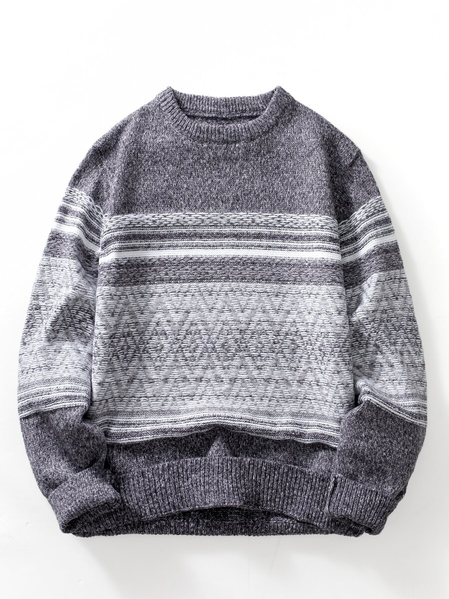 Manfinity CasualKnits 男士深灰色圖案長袖圓領針織衫 老錢風 假日度假 秋季 親子套裝 復古休閒 適合批發採購 - 淺灰色 - 查看 1