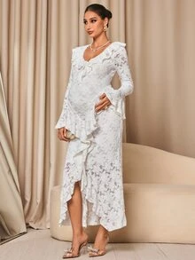 MaterniChic Maternity Lotus Collar Flare Sleeve Split Hem Elegant Dress - White - View 6