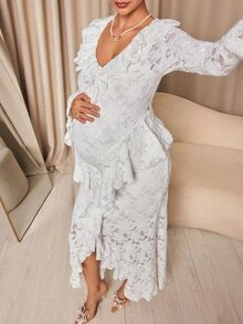 MaterniChic Maternity Lotus Collar Flare Sleeve Split Hem Elegant Dress - White - View 2