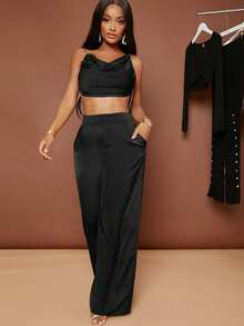 SHEIN SXY Summer Black High Waisted Wide Leg Trousers - Black - View 2