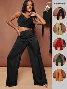 SHEIN SXY Summer Black High Waisted Wide Leg Trousers - Black - View 6