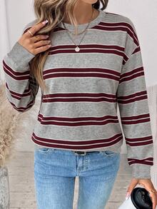 SHEIN LUNE Áo nỉ dài tay nữ phong cách đại học thường ngày phối màu sọc, phù hợp cho mùa thu/đông - trắng - Xem 6