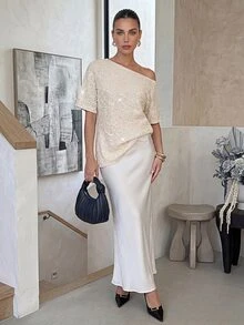 Lavishia Women's Luxury Sequin Embroidered Asymmetrical Shoulder Blouse, Elegant For Vacation, Outing, Party, Wedding Season, Spring/Summer,Summer Top - Apricot - View 4