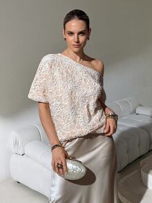 Lavishia Women's Luxury Sequin Embroidered Asymmetrical Shoulder Blouse, Elegant For Vacation, Outing, Party, Wedding Season, Spring/Summer,Summer Top - Apricot - View 1