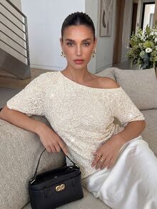 Lavishia Women's Luxury Sequin Embroidered Asymmetrical Shoulder Blouse, Elegant For Vacation, Outing, Party, Wedding Season, Spring/Summer,Summer Top - Apricot - View 6