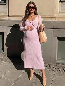 Lyckli Maternity Solid Color Twist Design Long Sleeve Slim Fit Elegant Casual Dress Autumn Photoshoot Pink - Pink - View 1