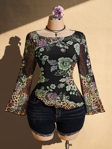 SHEIN ICON Plus Size Vintage Y2K Chinese Floral Print Bell Sleeve Asymmetrical Hem Mesh Knit Top - Multicolor - View 4