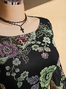 SHEIN ICON Plus Size Vintage Y2K Chinese Floral Print Bell Sleeve Asymmetrical Hem Mesh Knit Top - Multicolor - View 8