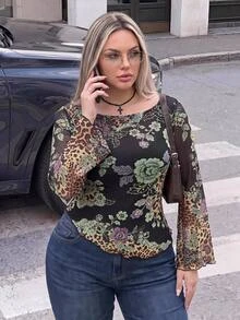 SHEIN ICON Plus Size Vintage Y2K Chinese Floral Print Bell Sleeve Asymmetrical Hem Mesh Knit Top - Multicolor - View 1