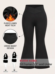 SHEIN PETITE CURVE Plus Size Solid Color Minimalist Casual Baggy Criss-Cross Waist Flared Leggings Formal Workout Black Winter - Black - View 3