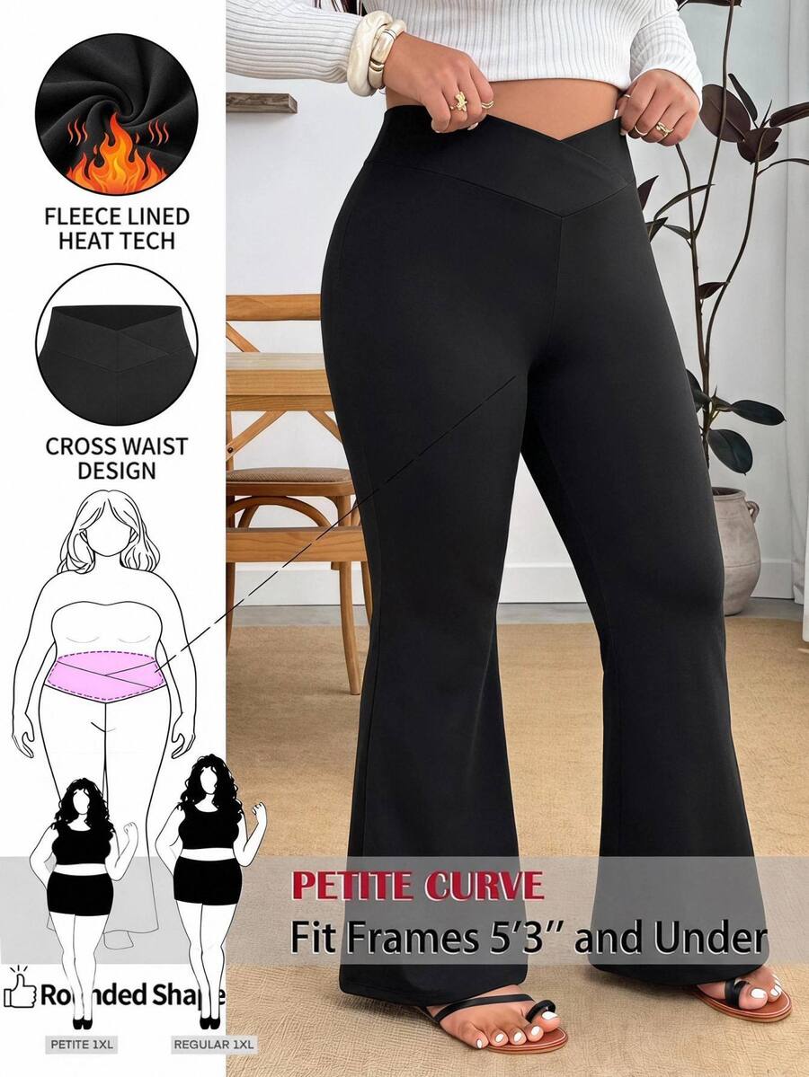 SHEIN PETITE CURVE Plus Size Solid Color Minimalist Casual Baggy Criss-Cross Waist Flared Leggings Formal Workout Black Winter