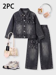 Girls Black & Grey Washed Denim Set Autumn Vintage Lapel Pearl Studded Bow Short Jacket Elastic Waist Wide Leg Jeans Two Pieces Outfit - Dark Grey - View 9