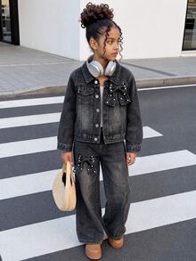 Girls Black & Grey Washed Denim Set Autumn Vintage Lapel Pearl Studded Bow Short Jacket Elastic Waist Wide Leg Jeans Two Pieces Outfit - Dark Grey - View 3
