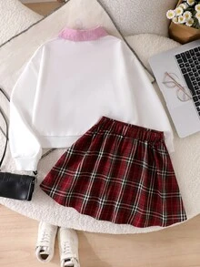 SHEIN Sparklyn 青少年女孩秋季套裝 2件組 黑白配色 2合1領口上衣與條紋格紋A字迷你裙套裝 - 紅白色 - 查看 2