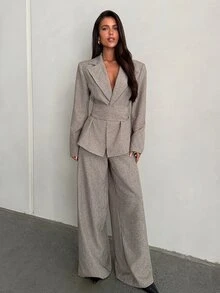 Aloruh 女款優雅翻領收腰純色西裝套裝，通勤西裝外套，收腰修身辦公西裝，冬季西裝，職場穿搭，上班穿搭 - 卡其色 - 查看 5