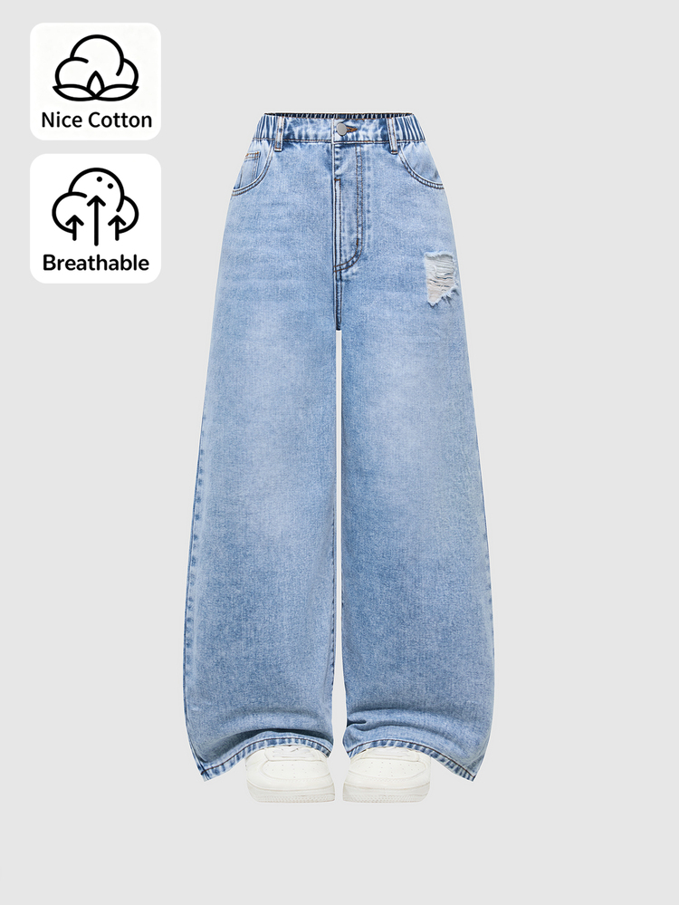 SHEIN Sparklyn TEEN GIRLS Elastic Waist Loose Straight Leg Jeans, Light Blue Washed Denim With Cat Whisker Effect, Casual Y2k Streetwear Style, Prom Party Summer - Light Wash - View 4
