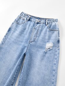 SHEIN Sparklyn 青少年女孩彈性腰鬆身長直筒牛仔褲，淺藍色水洗丹寧附貓鬚效果，休閒 Y2K 街頭風，適合舞會派對夏季穿著 - 淺色水洗藍 - 查看 6