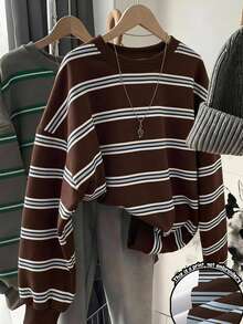 SHEIN LUNE Women's Autumn/Winter Loose-Fit Crew-Neck Long-Sleeve Sweatshirt With Color-Block Striped Print – Brown Stripes - Multicolor - View 1