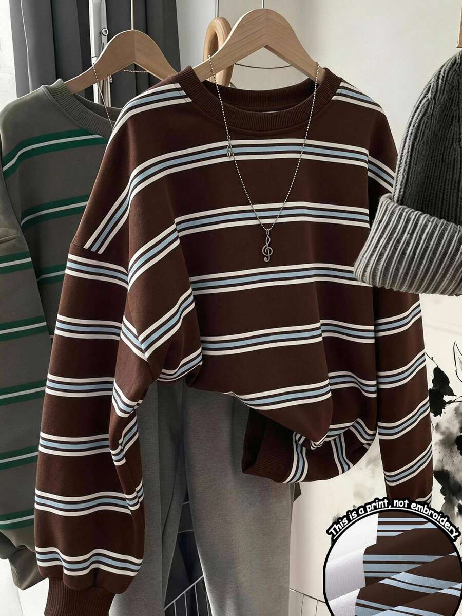 SHEIN LUNE Women's Autumn/Winter Loose-Fit Crew-Neck Long-Sleeve Sweatshirt With Color-Block Striped Print – Brown Stripes - Multicolor - View 1