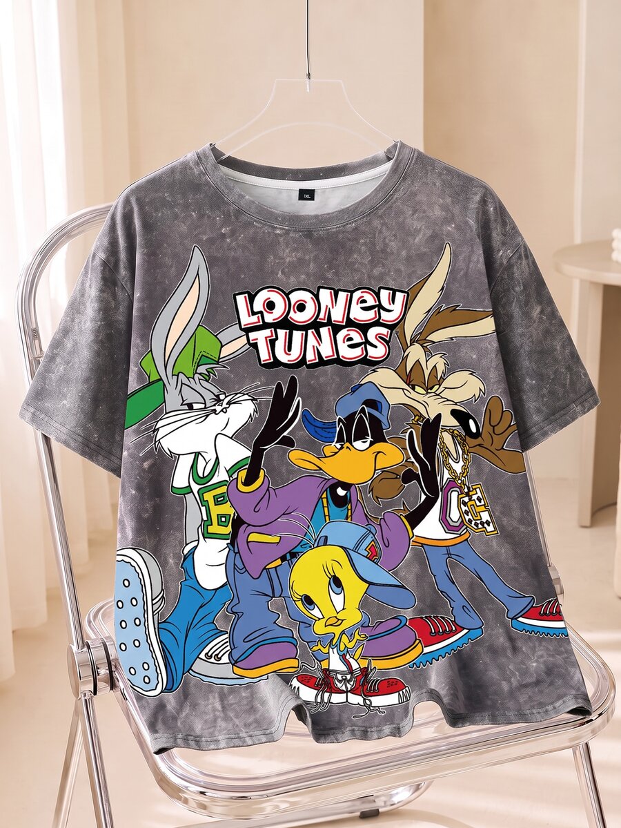 LOONEY TUNES X SHEIN Plus Size Letter & Cartoon Graphic Round Neck Short Sleeve T-Shirt - White - View 1