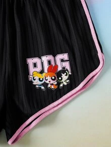 THE POWERPUFF GIRLS X SHEIN Women's Cartoon Print Short Sleeve T-Shirt And Shorts Pajama Set - - Black - View 8