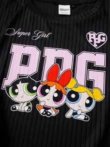 THE POWERPUFF GIRLS X SHEIN Women's Cartoon Print Short Sleeve T-Shirt And Shorts Pajama Set - - Black - View 5