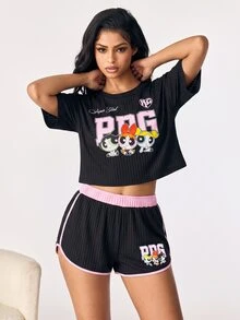 THE POWERPUFF GIRLS X SHEIN Women's Cartoon Print Short Sleeve T-Shirt And Shorts Pajama Set - - Black - View 1