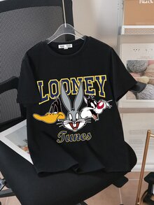 LOONEY TUNES X SHEIN Tween Boy Casual Cartoon English Letter Graphic Pattern Short Sleeve T-Shirt, Comfortable For Summer - Black - View 3