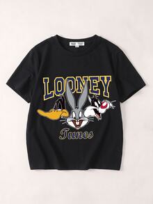 LOONEY TUNES X SHEIN Tween Boy Casual Cartoon English Letter Graphic Pattern Short Sleeve T-Shirt, Comfortable For Summer - Black - View 1
