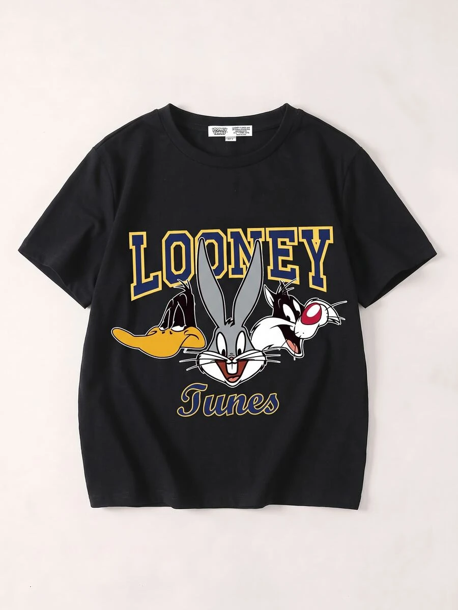 LOONEY TUNES X SHEIN Tween Boy Casual Cartoon English Letter Graphic Pattern Short Sleeve T-Shirt, Comfortable For Summer - Black - View 1