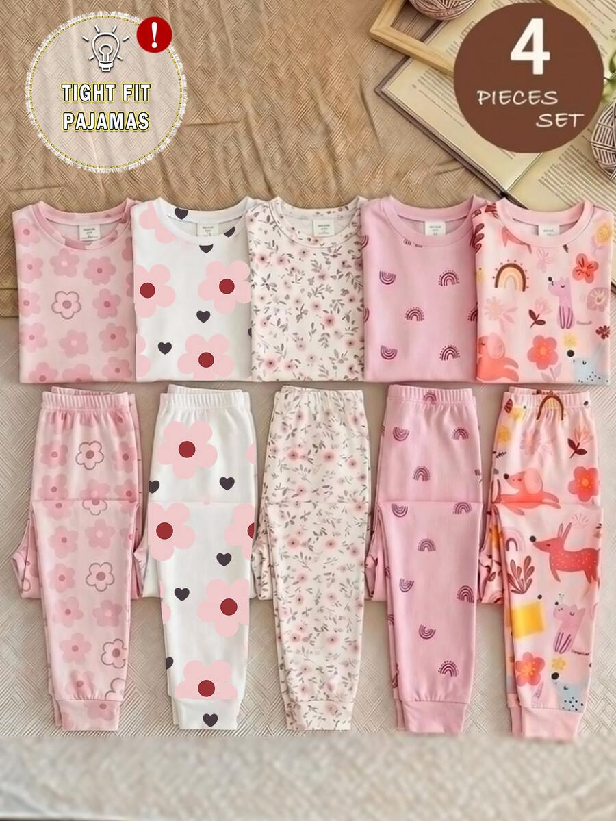 4PCS Young Girls Pajamas - Pink - View 1
