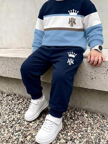 2pcs Kids White Crown NY Letter Print Fleece Crew Neck Sweatshirt Matching Print Sweatpants Set, Colorblock, Sports Outdoor Casual, Autumn Birthday - Multicolor - View 1
