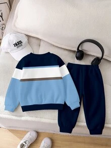 2pcs Kids White Crown NY Letter Print Fleece Crew Neck Sweatshirt Matching Print Sweatpants Set, Colorblock, Sports Outdoor Casual, Autumn Birthday - Multicolor - View 4